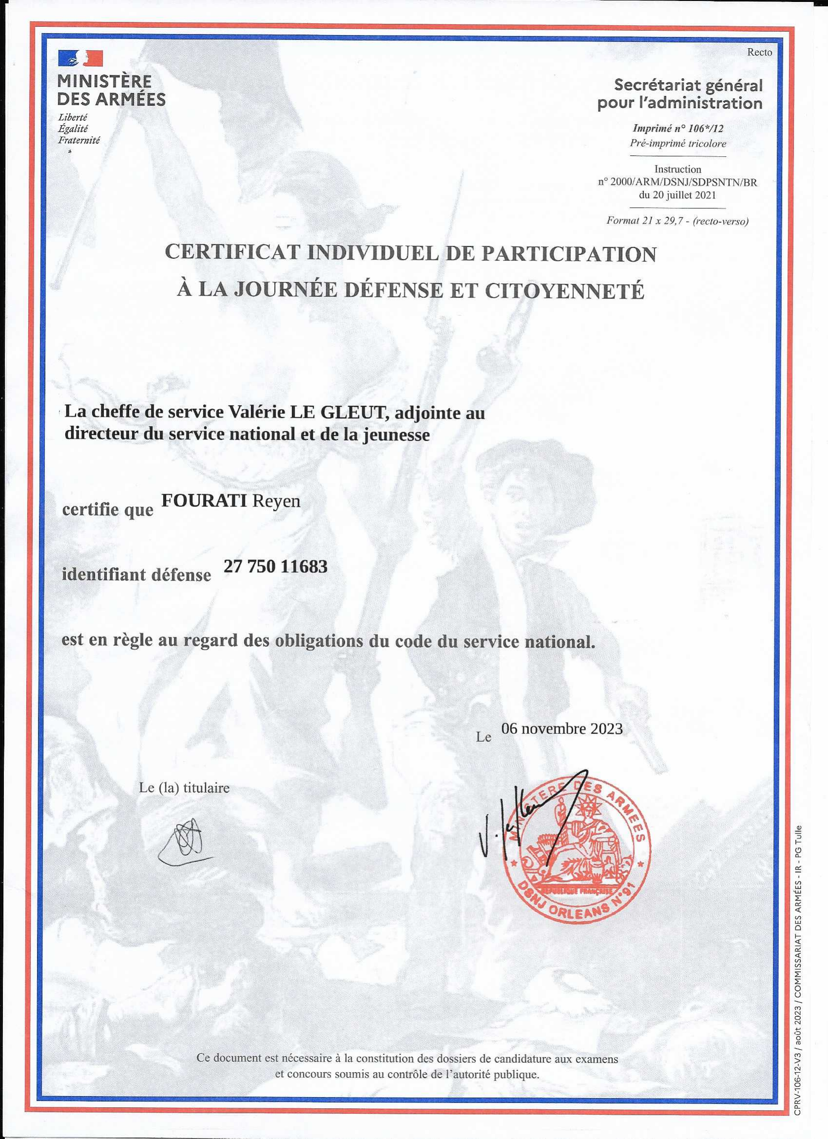Certificat individuel de participation à la journée défense et citoyenneté