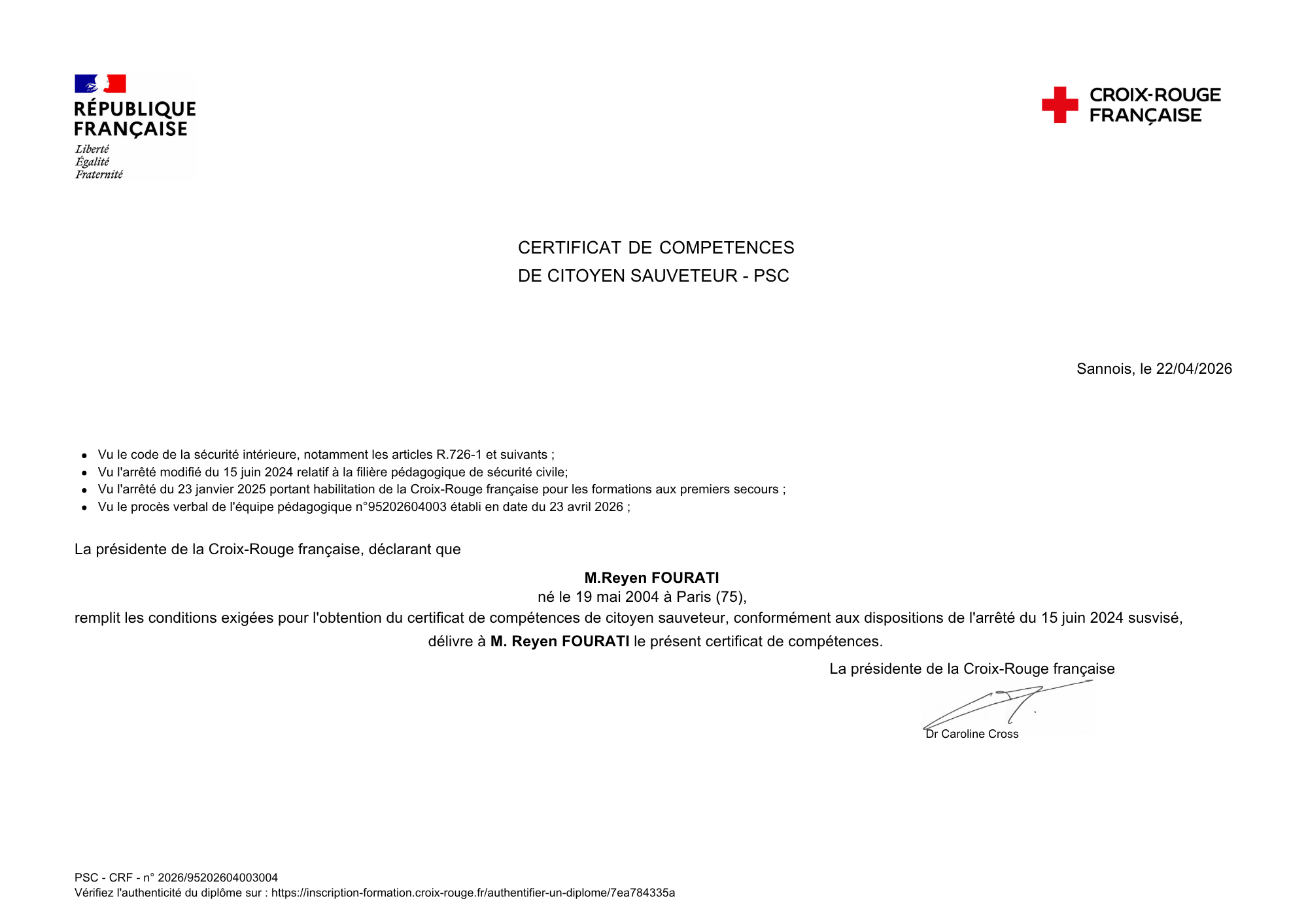Certificat de compétences de citoyen sauveteur - PSC